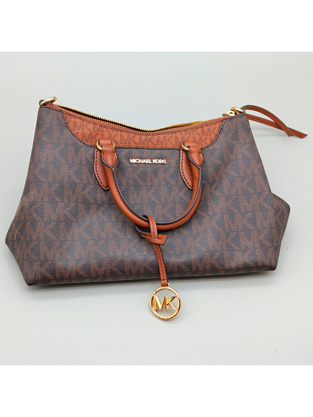 Michael Kors Brown MK Logo Satchel Top Handle Bag Zip Gold Hardware Charm Strap